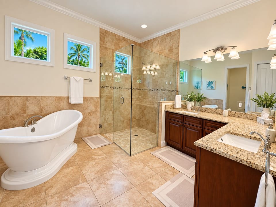 Spacious master bath free standing tub large shower 2 sinks