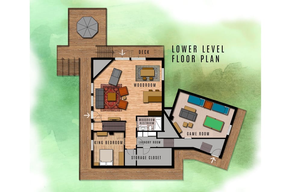 Lower Level - (Woodroom, Games, Master Bedroom, Bathroom, Laundry).
