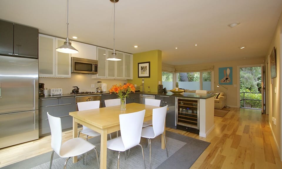 Recently remodeled kitchen with wine fridge and lots of counter space.