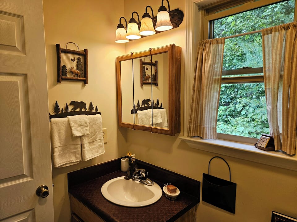 Full en suite bath #1.  Plenty of  thirsty washcloths & towels + hair dryer 