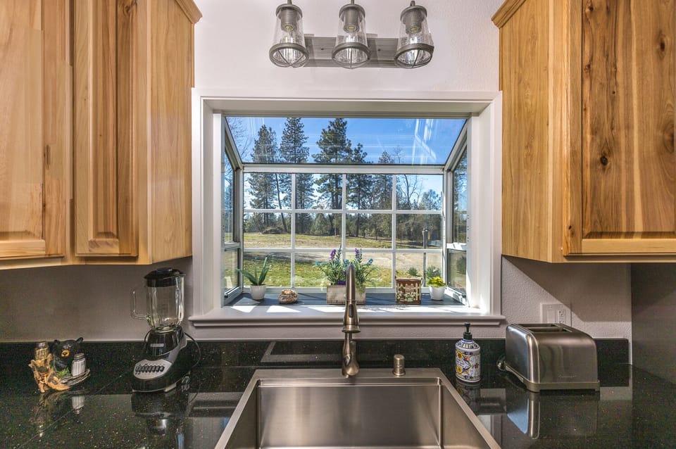 Beautiful view of the pine trees through the garden kitchen window.