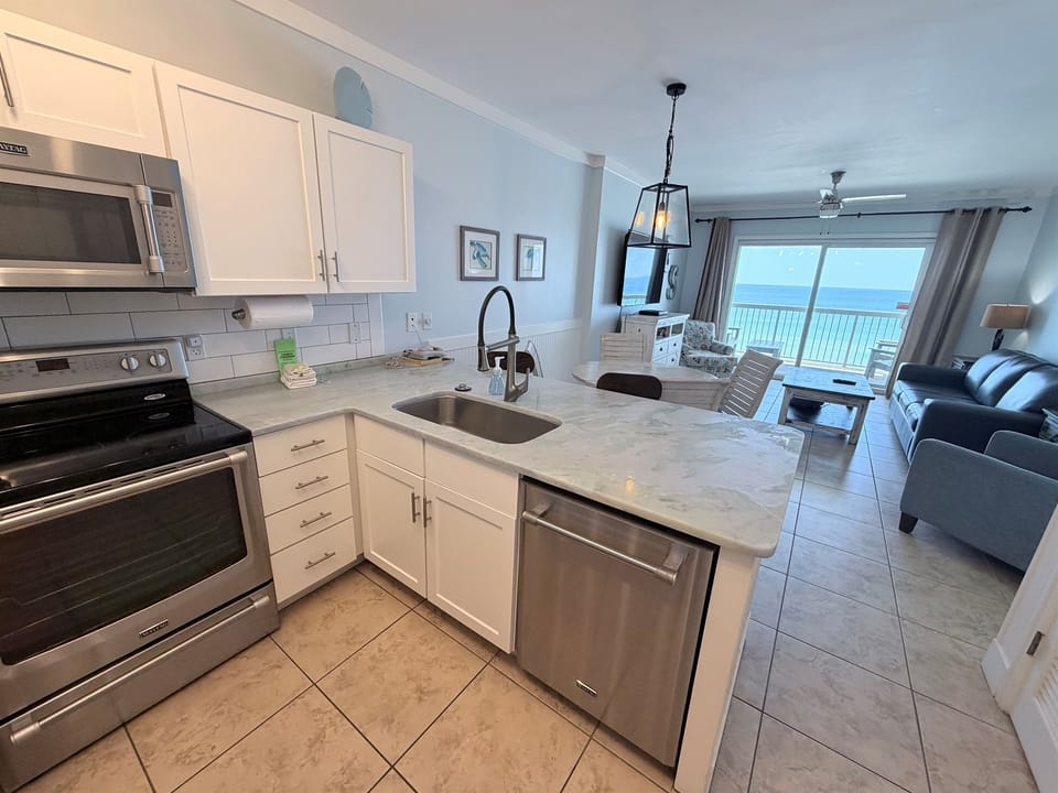 Fully stocked kitchen with a view of the Gulf