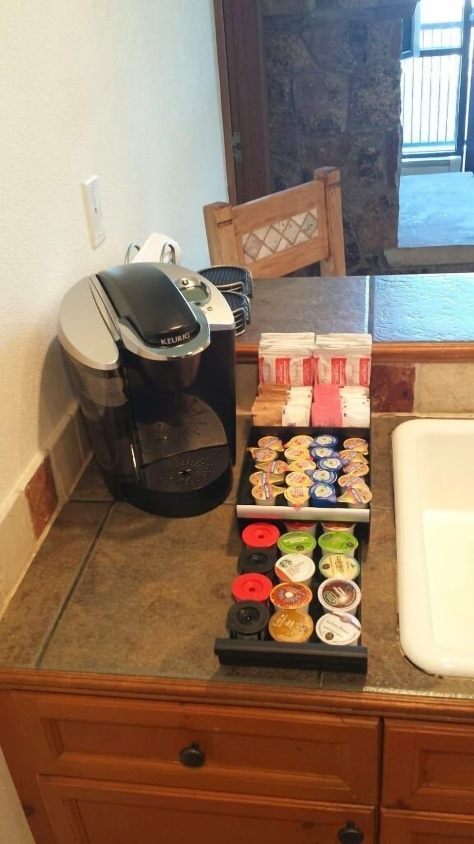 The Keurig station has a selection of hot drink options.