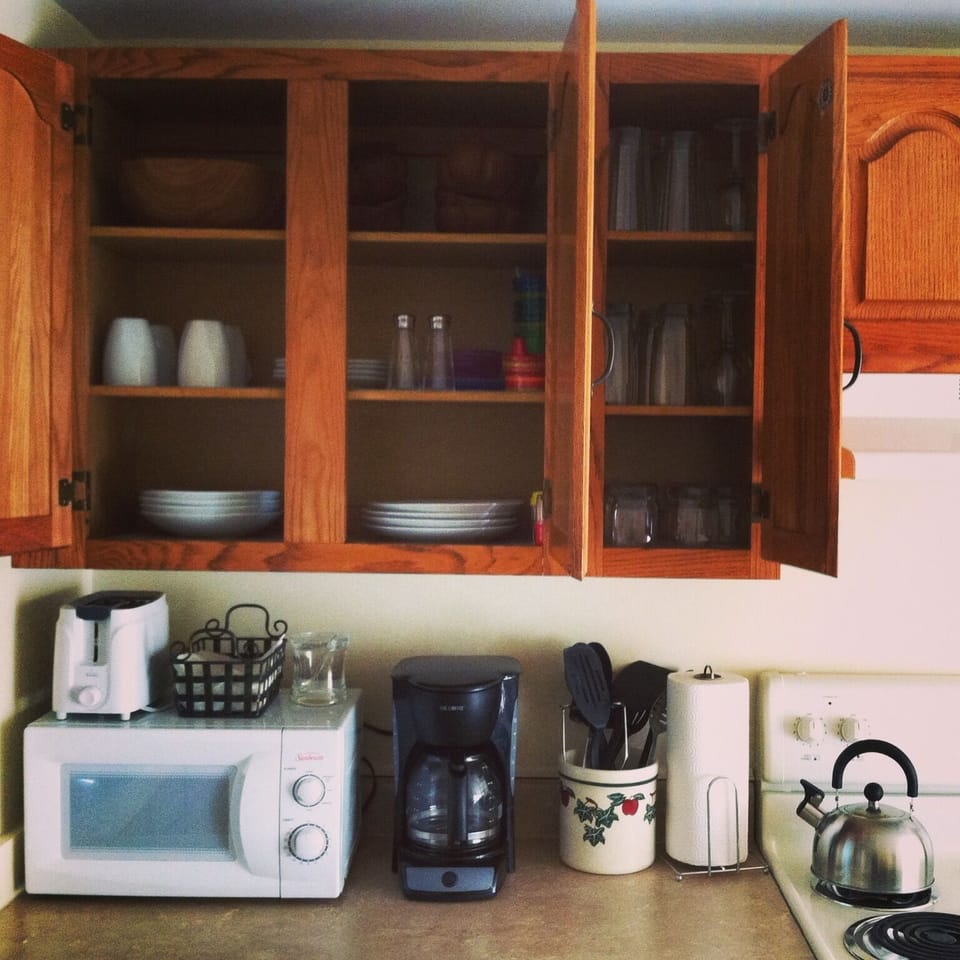 The kitchen comes equipped with all the essentials.