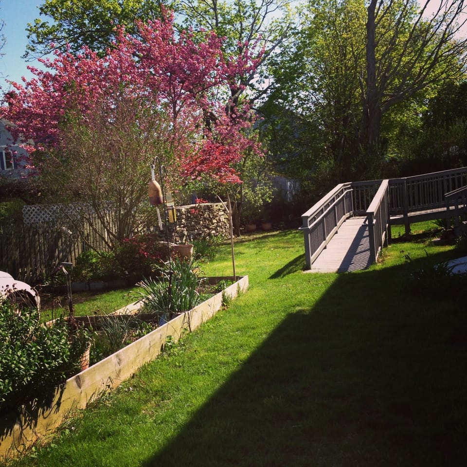 A private back yard with garden. Back deck is equipped with a handicap ramp.