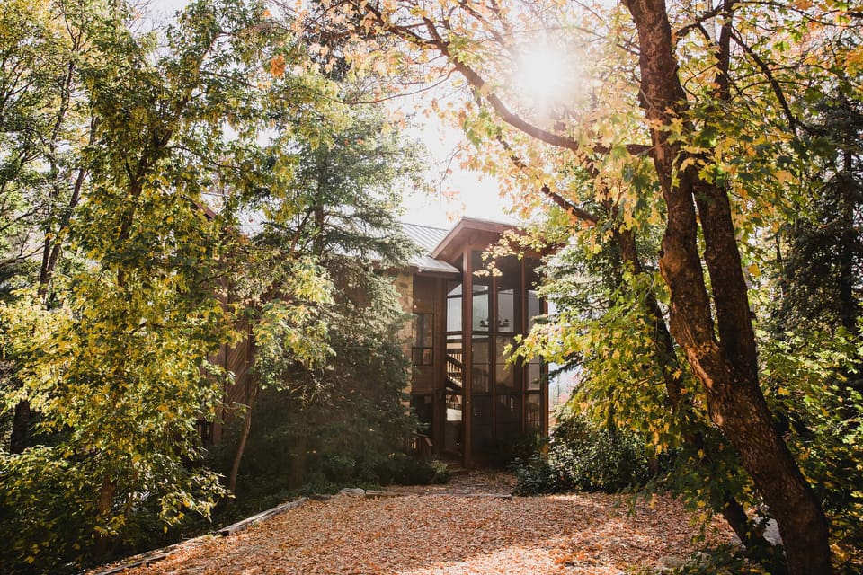 Main level entrance of cabin, by upper driveway.