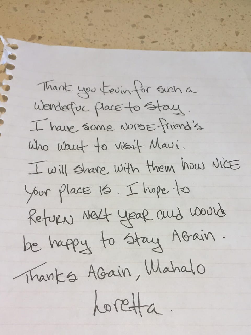 Note left by guest staying Sep. 8th to 17th, 2018 