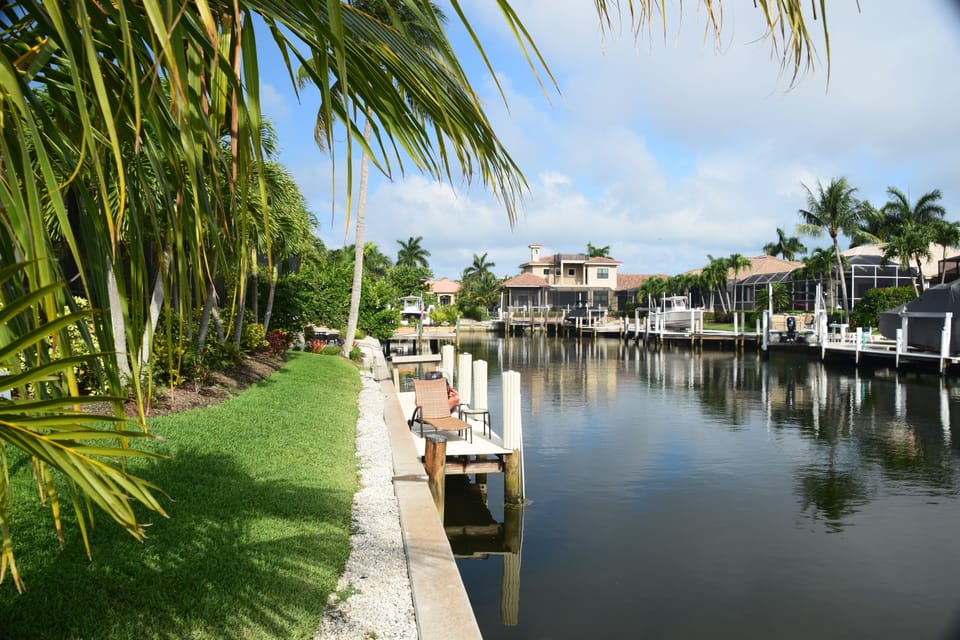 Groomed lawn and planted tropical vegetation that includes a dock and a chair. 