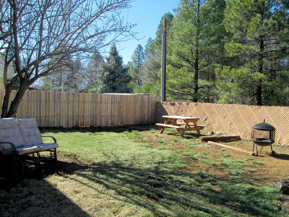 Fenced backyard, with spa, gas grill, fire pit, picnic table, appletree, garden
