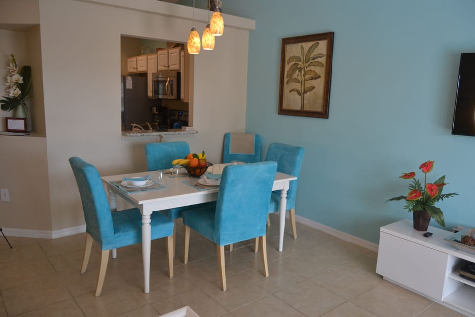 Dining area with a table than expands to seat 8