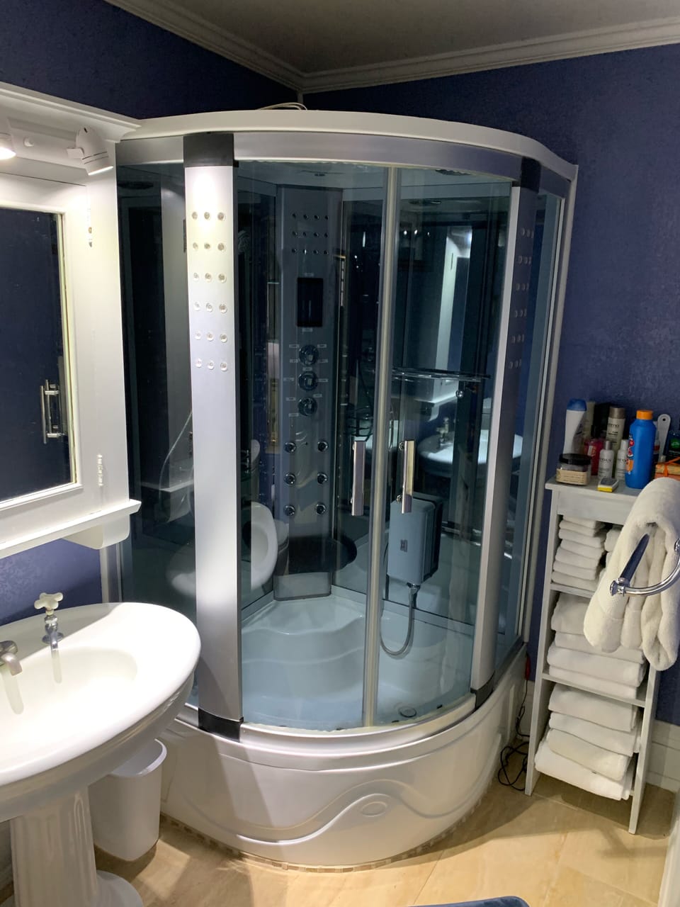 Steam shower with back jets, rain head and speakers! (everything is labeled!)