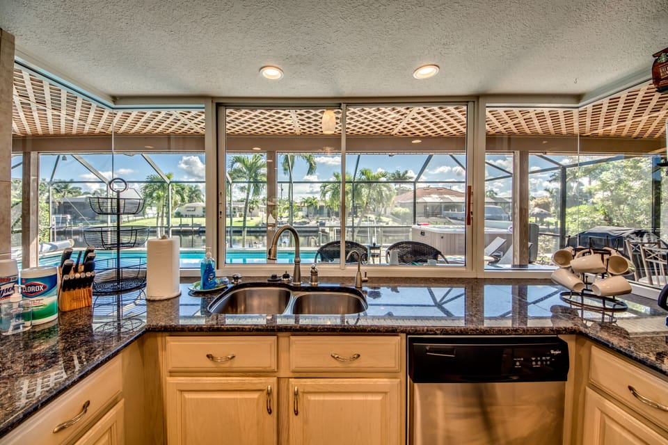view of pool from the kitchen