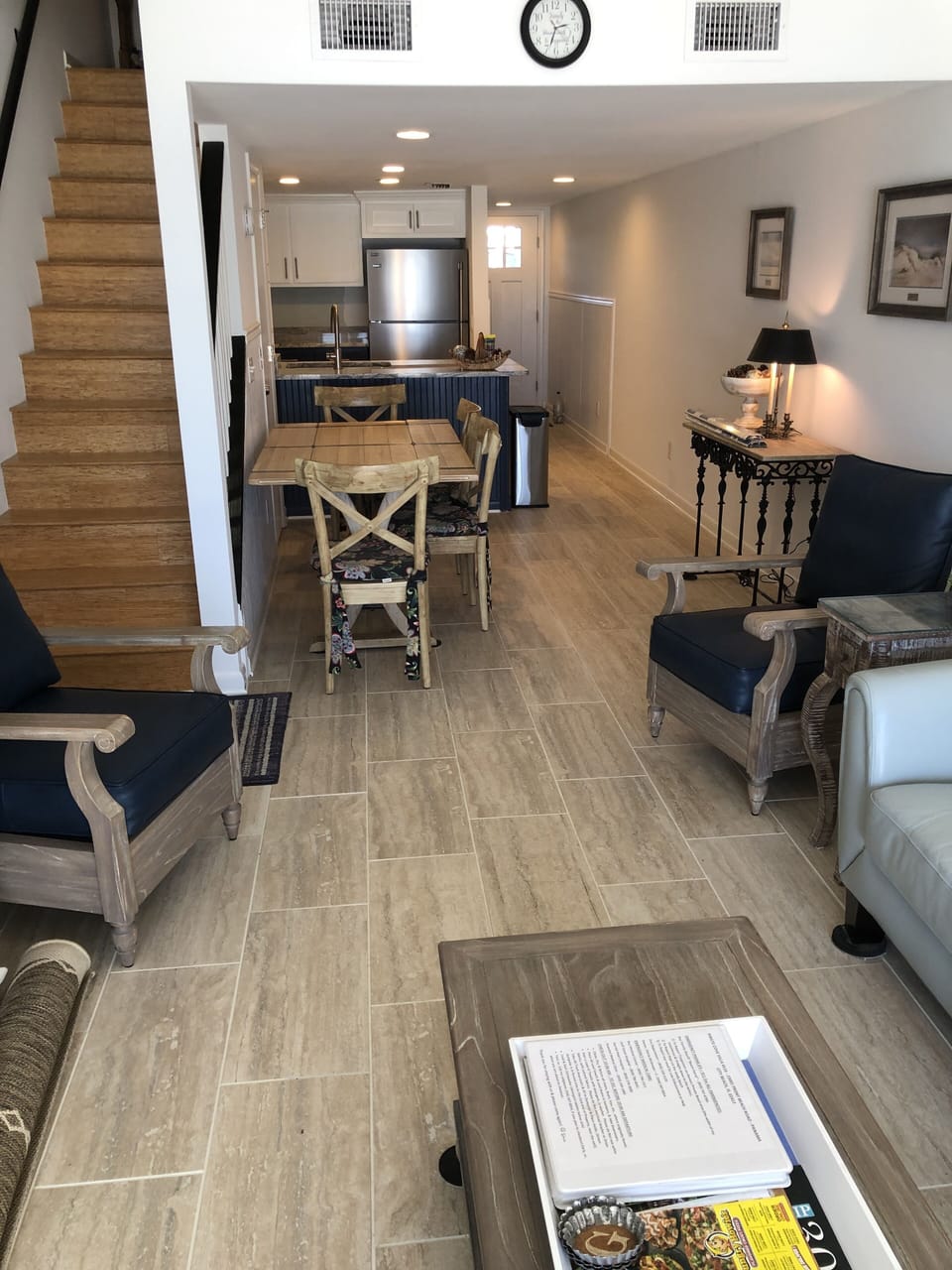 View from beachfront slider to: Front door, kitchen, dining, living area.