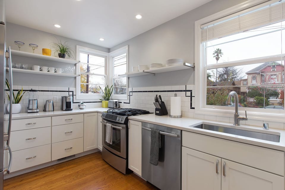 Bright open full service kitchen.