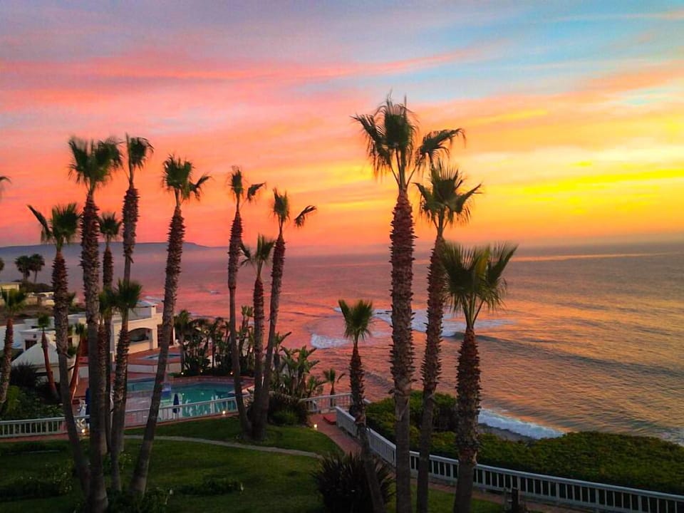 View south to Ensenada over the pool, hot tub, and clubhouse - all a short walk.