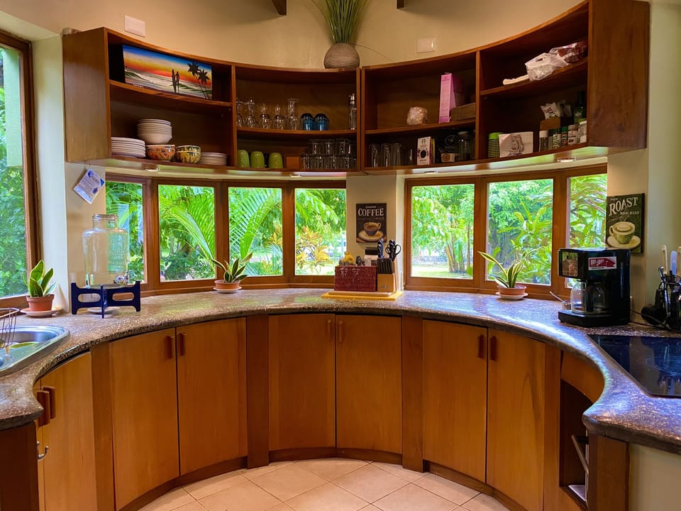 Kitchen, classware, plates and small appliances, pots and pans.