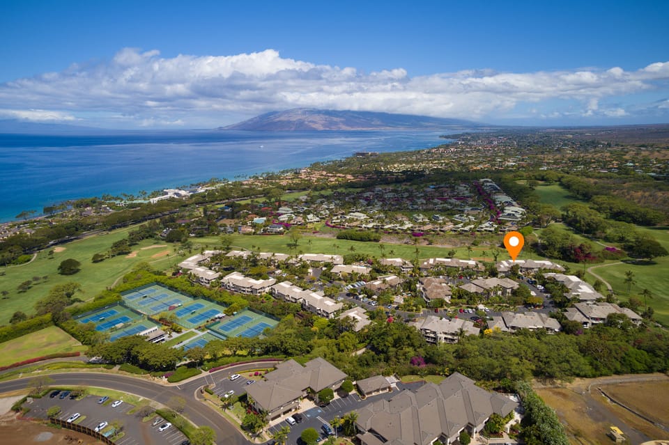 Aerial view of Grand Champions sided by the Wailea Golf and Tennis Club