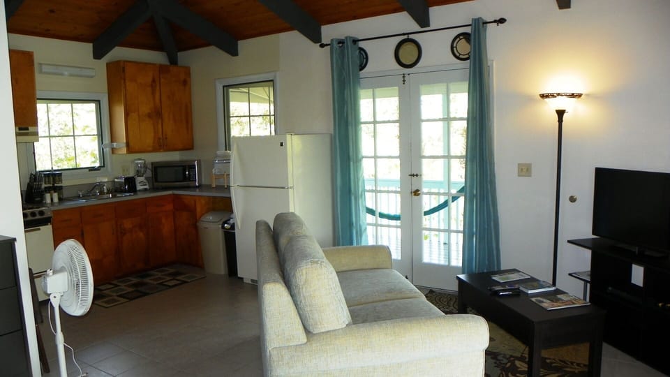 Love seat, coffee table, TV w/120 channel Dish Svc, DVD.