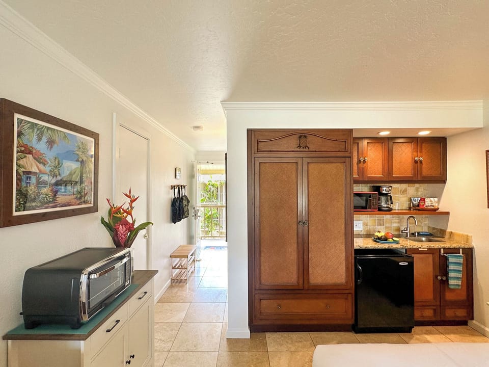 Kitchenette with sink, mini fridge, microwave, blender, toaster and coffee maker