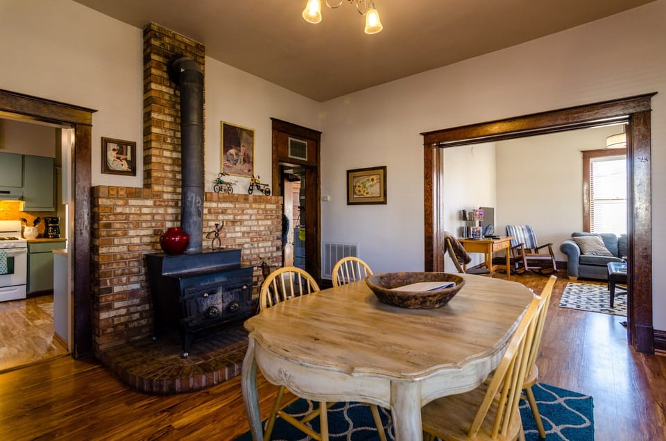 Dining room with view of family room. Leaves can be added to seat 10.