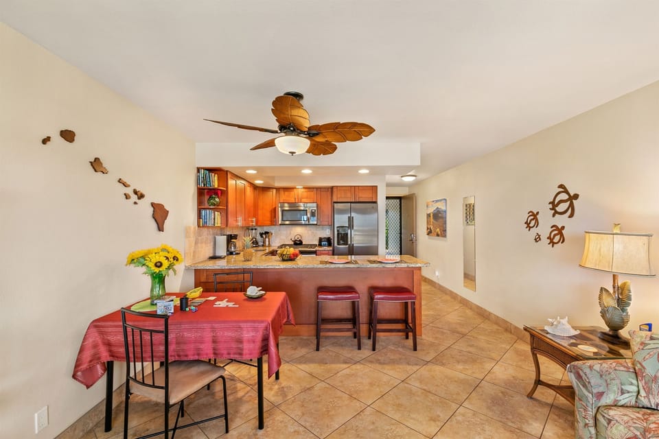 Dining for 2 at table; or at the kitchen countertop on bar stools