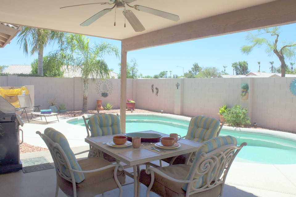 Back patio and pool...the perfect breakfast spot.