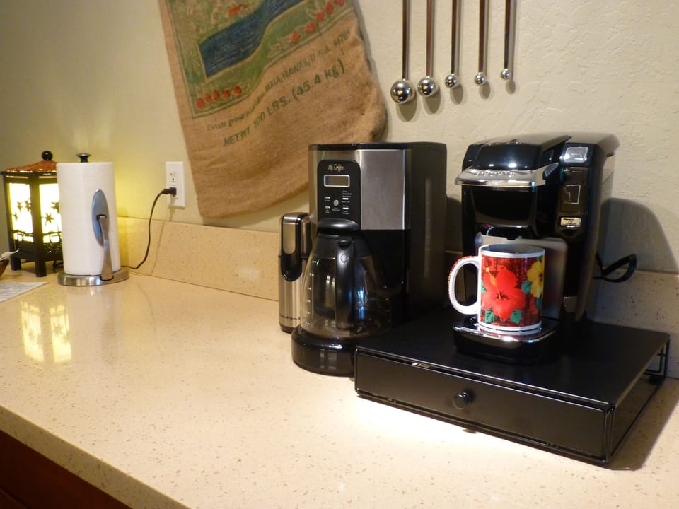 Coffee Station with Drip Maker, single serve Keurig, and hot water kettle.  