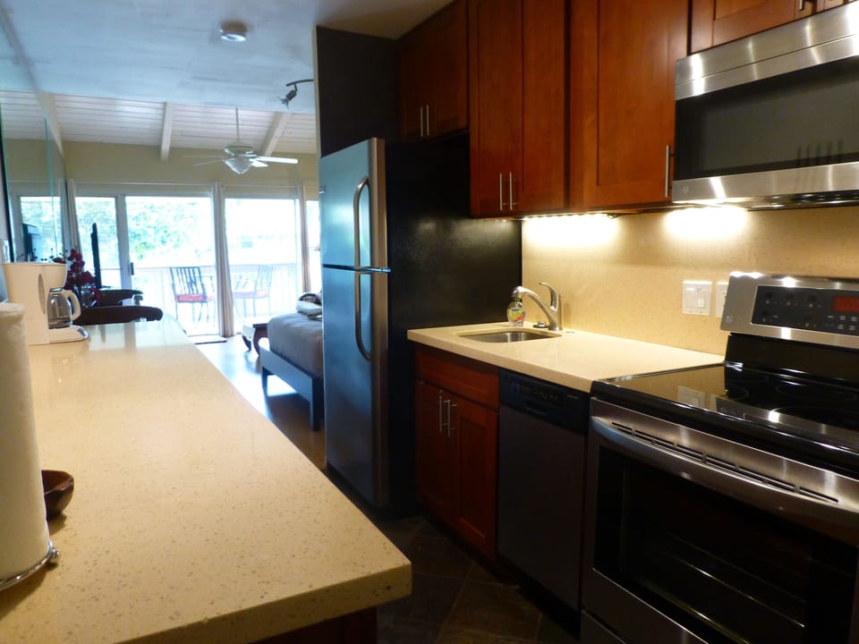 Quartz counters, full sized fridge, dishwasher and stove.