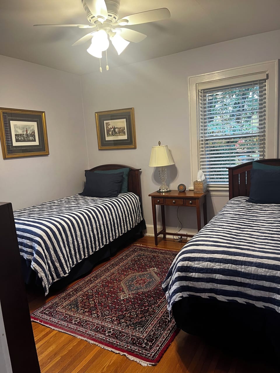 Twin bedroom on the first floor of home. Ceiling fan, noise machine and Kleenex.