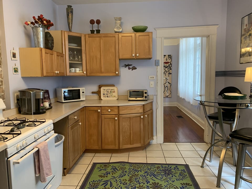 microwave, toaster over, Keurig, and mr coffee maker