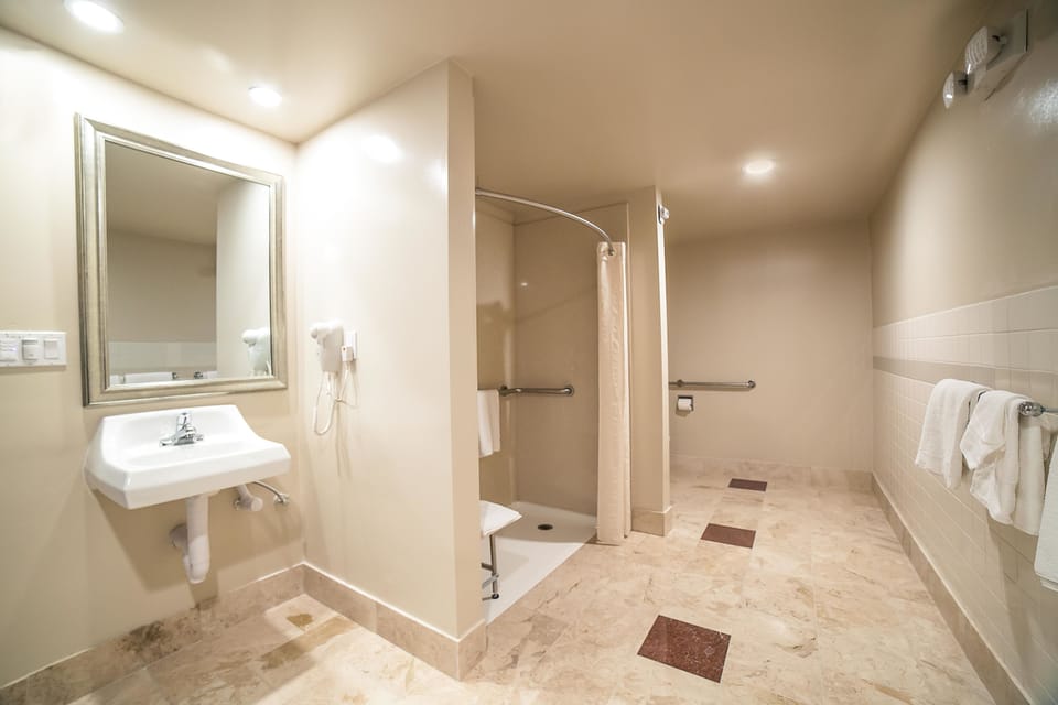 Senior Room, 1 King Bed, Accessible | Bathroom | Combined shower/tub, designer toiletries, hair dryer, towels