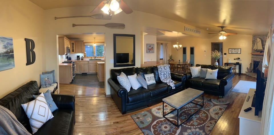 Living Room flows nicely into kitchen and dining area 