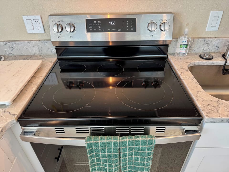 Convection, air fryer oven with five burner stainless steel glass top stove