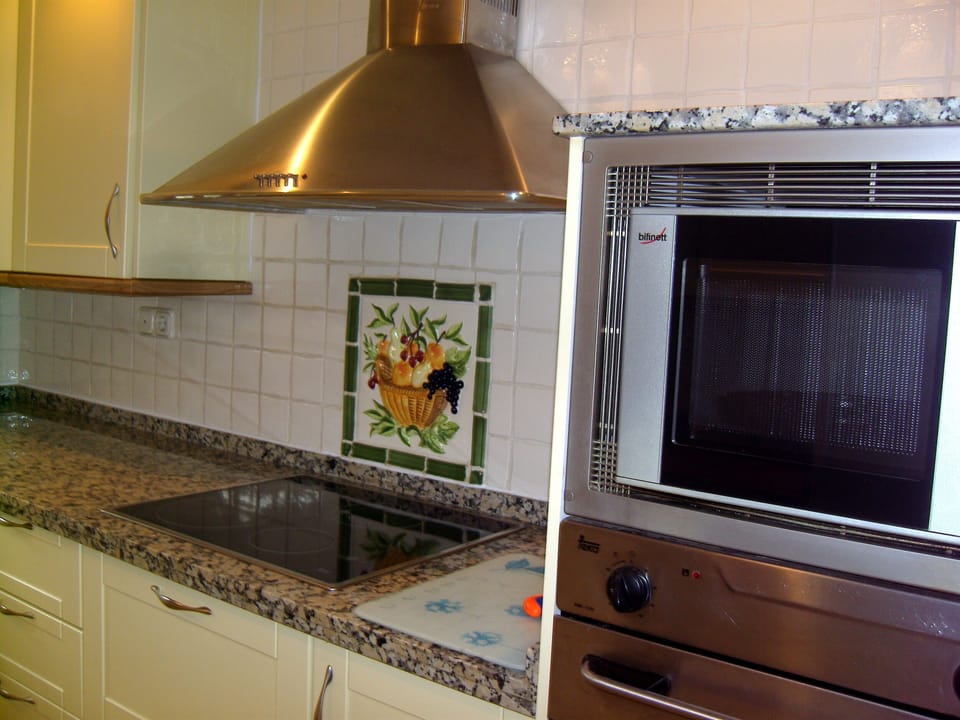 Kitchen with electric hob and extraction canopy and ceramic mural of fruit bowl.