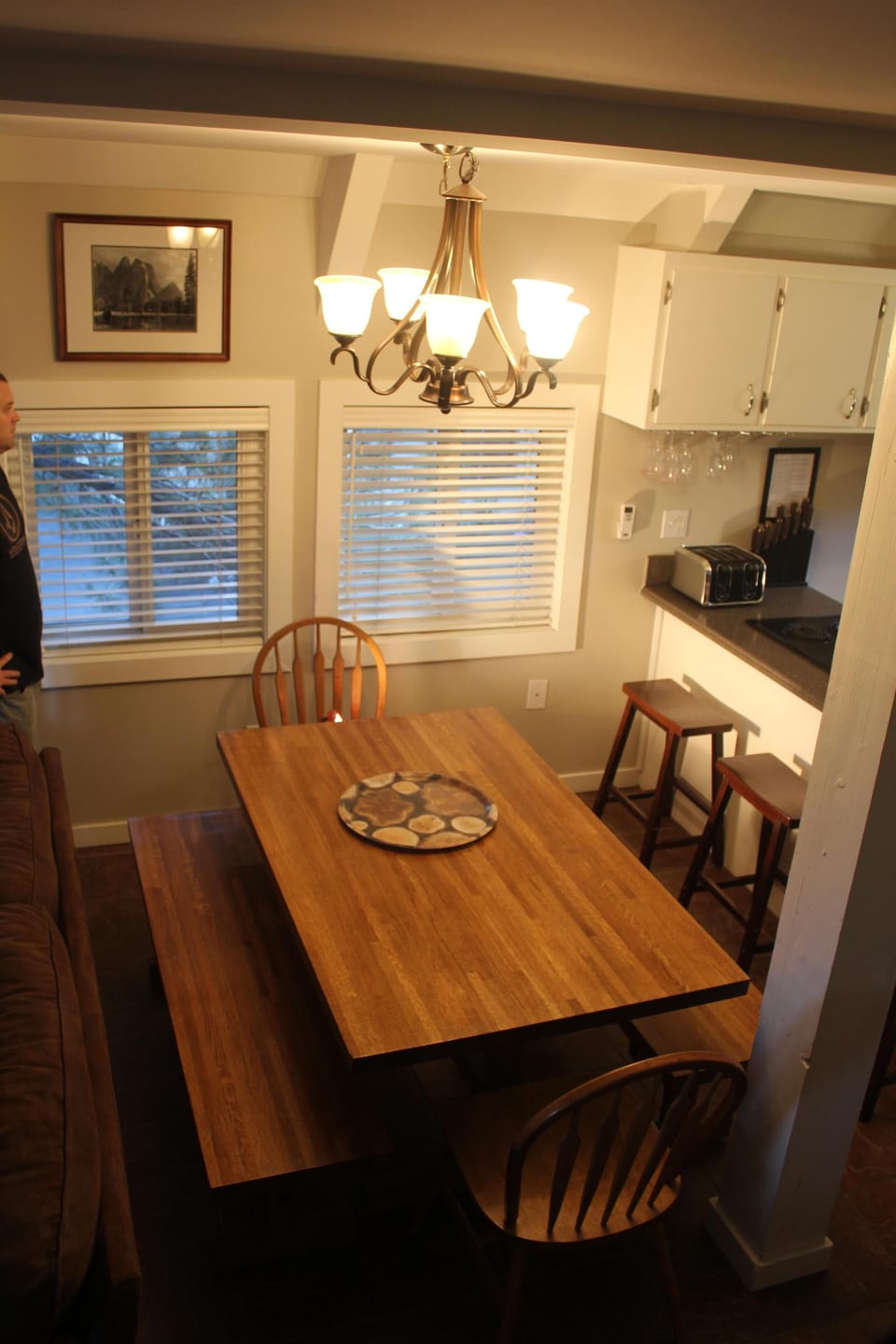 Dining room. Out the window, you will see the jacuzzi/sauna/ping pong building.