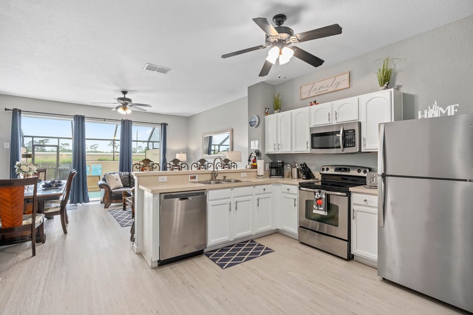 Spacious open-concept living room perfect for relaxing after a day at Disney