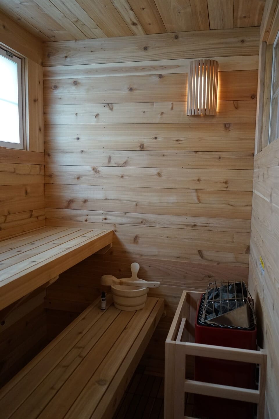The cedar Sauna is spacious and hot!
