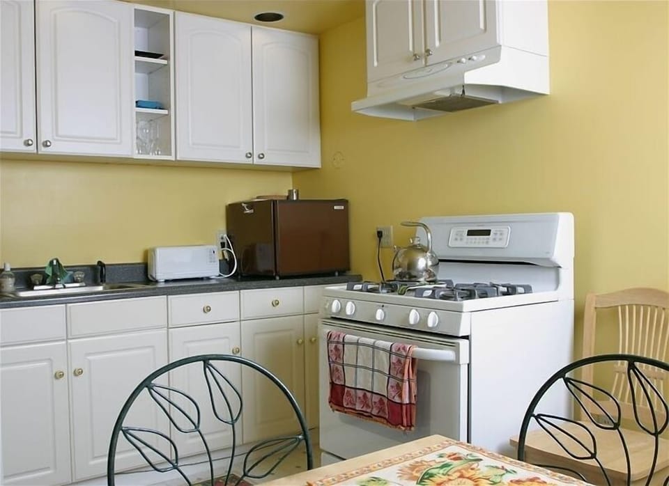 Gas stove. Brown counter fridge replaced by full fridge & espresso maker/toaster