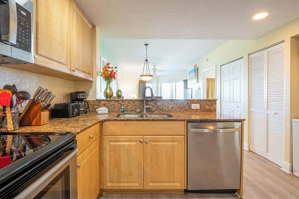 Full kitchen: refrigerator, dishwasher, stove/oven, microwave, coffee makers.  