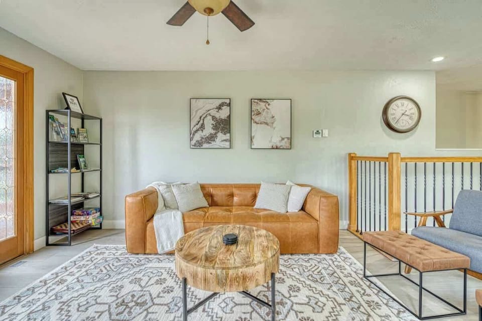 Living room with TV right off of the kitchen