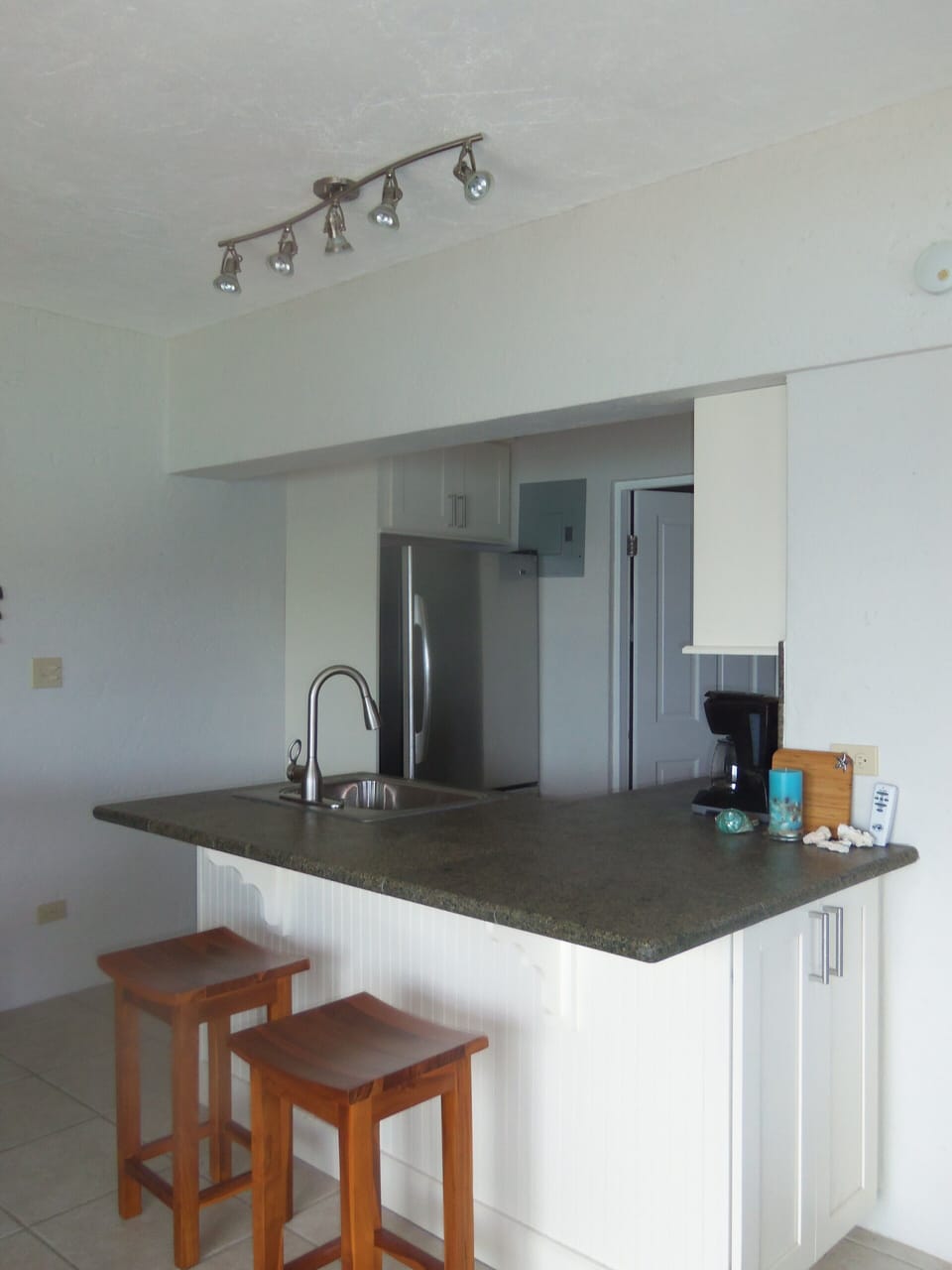 Ocean rock counter, stainless steel appliances, triple filtered ice-maker.