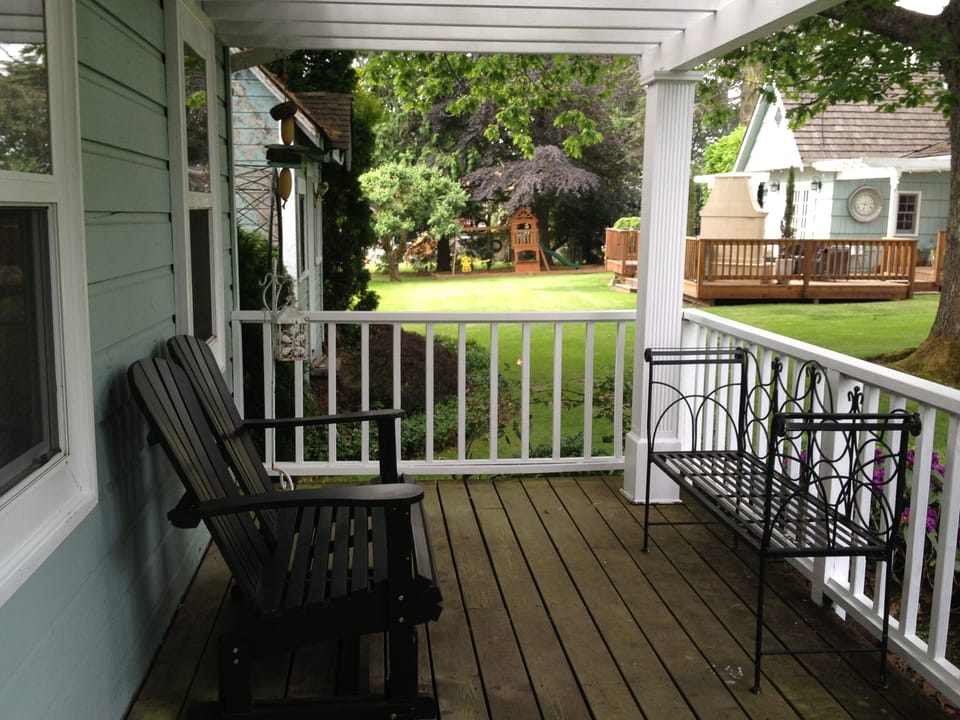 Left side of your deck with beautiful gardens view!