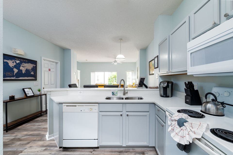 Kitchen opens into dining and living room