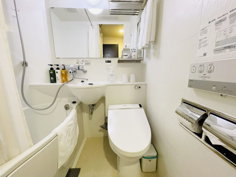 Combined shower/tub, free toiletries, hair dryer, slippers