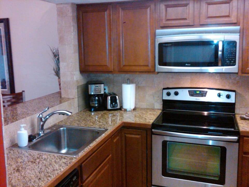 Fully equipped kitchen with stainless steel appliances. 