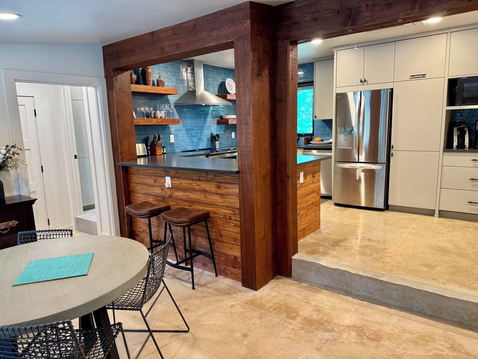 Fully stocked kitchen and dining area