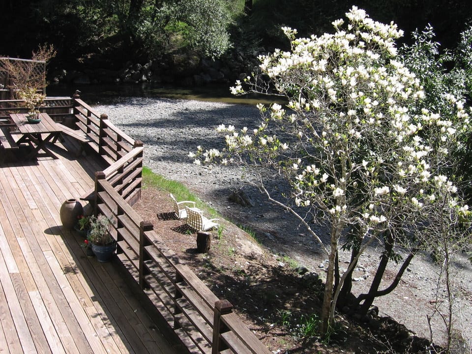 Spacious deck overlooking the beach and creek.