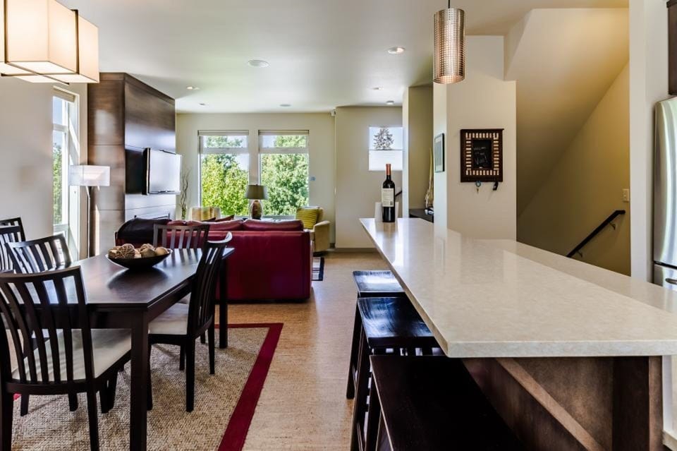 The spacious and comfortable kitchen, dining and living room