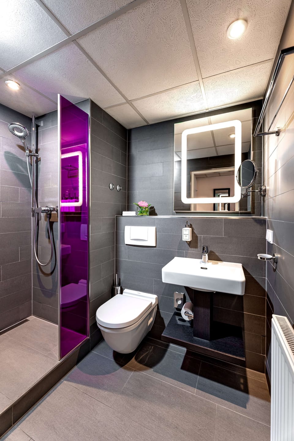 Shower, free toiletries, hair dryer, towels