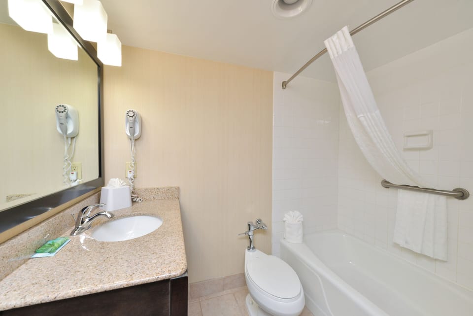 Combined shower/tub, hair dryer, towels